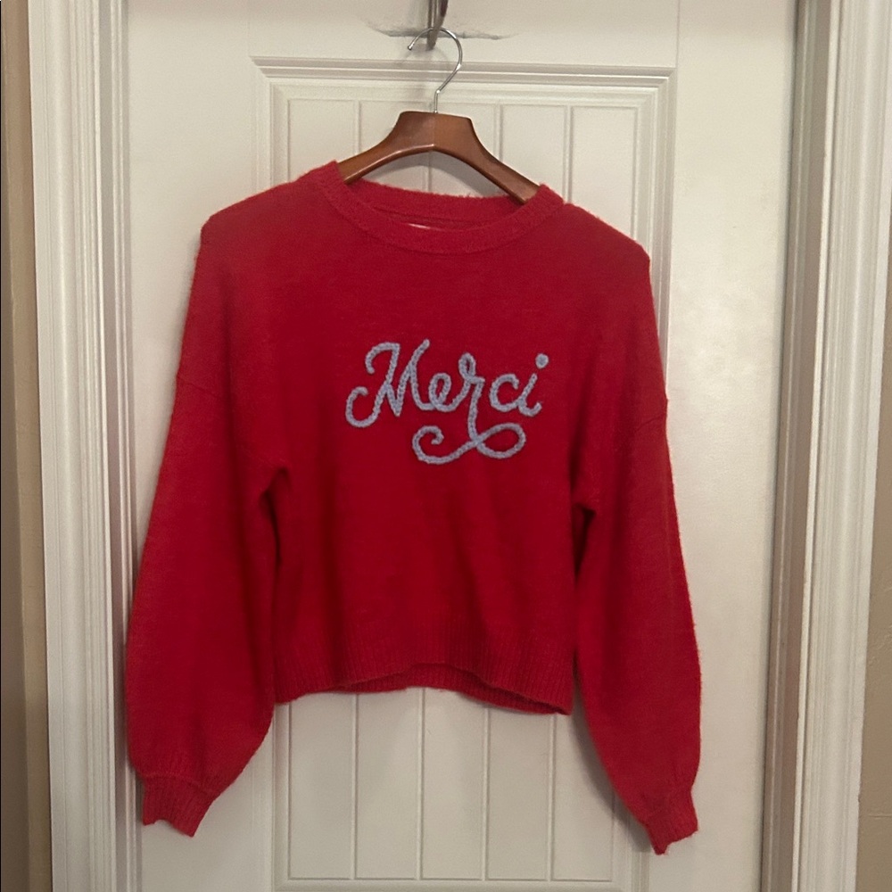 Anthropologie Sundry Bright Red Knit MERCI Sweater